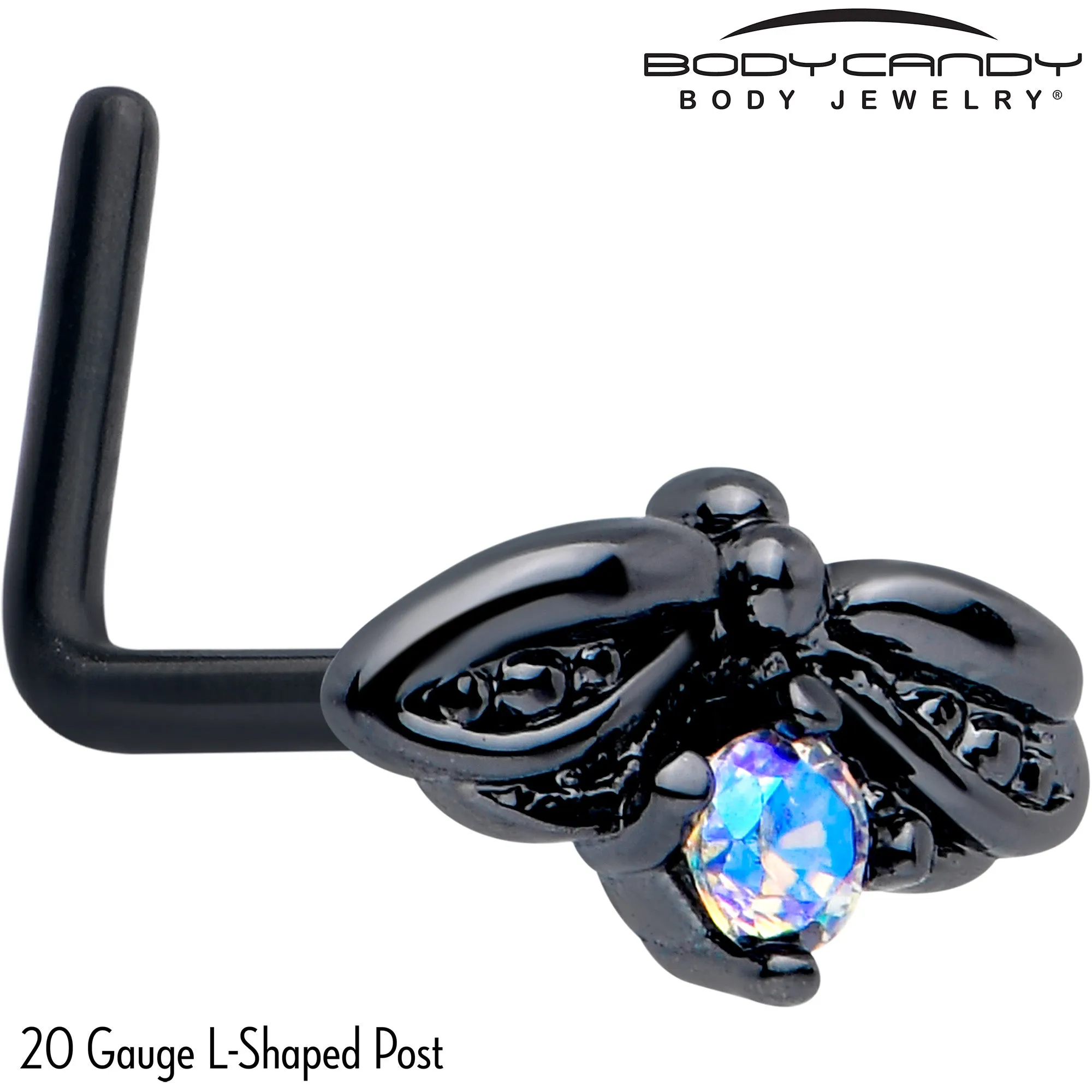 20 Gauge 7mm Aurora Gem Black Beauty Bug L Shape Nose Ring