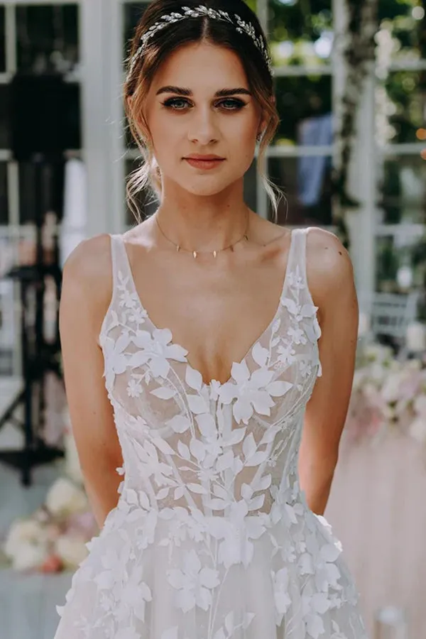 3D Floral Lace V Neck Floor Length Bohemian Wedding Dress WD662