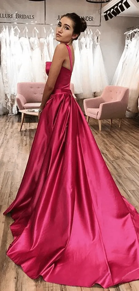 A-line Straps Fuchsia Long Prom Dresses Satin Evening Dress TP1044