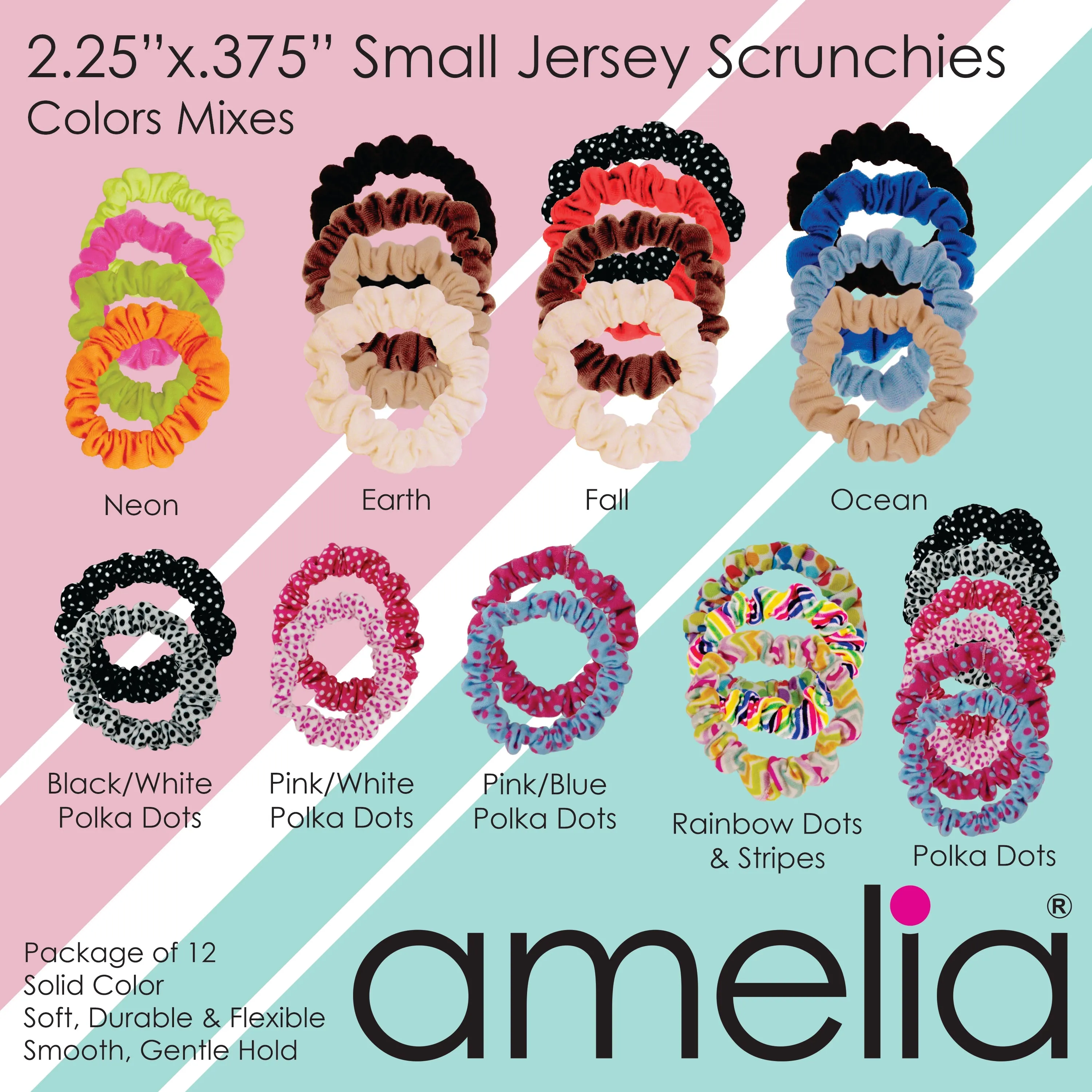 Amelia Beauty, Blue Jersey Scrunchies, 2.25in Diameter, Gentle on Hair, Strong Hold, No Snag, No Dents or Creases. 12 Pack