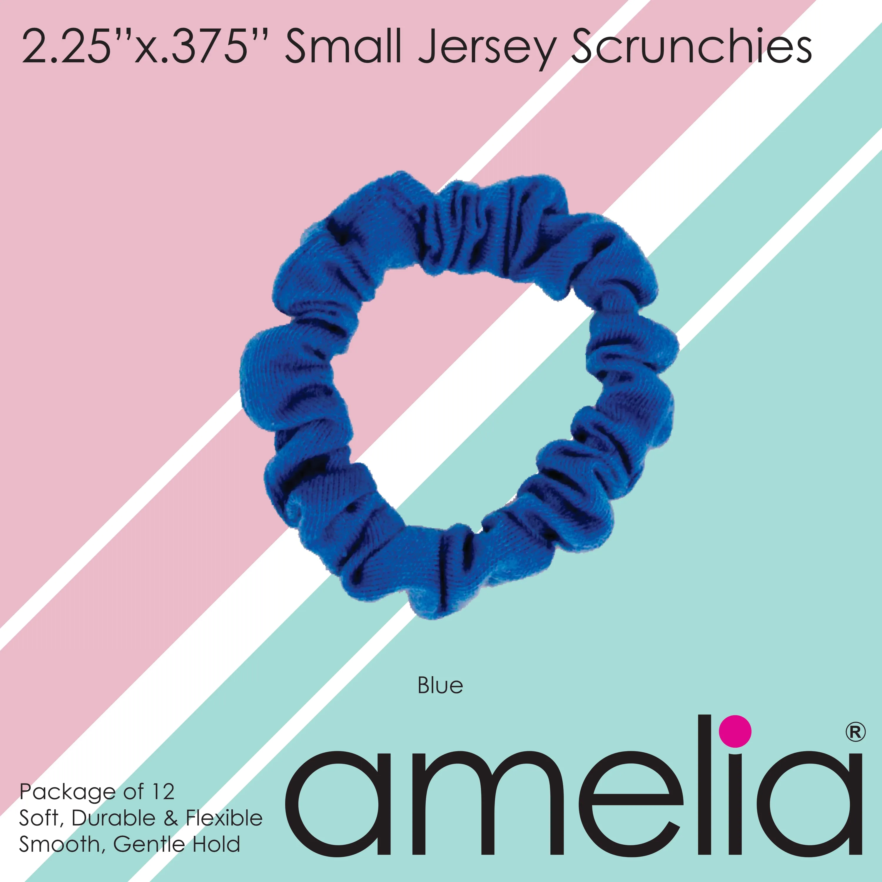 Amelia Beauty, Blue Jersey Scrunchies, 2.25in Diameter, Gentle on Hair, Strong Hold, No Snag, No Dents or Creases. 12 Pack