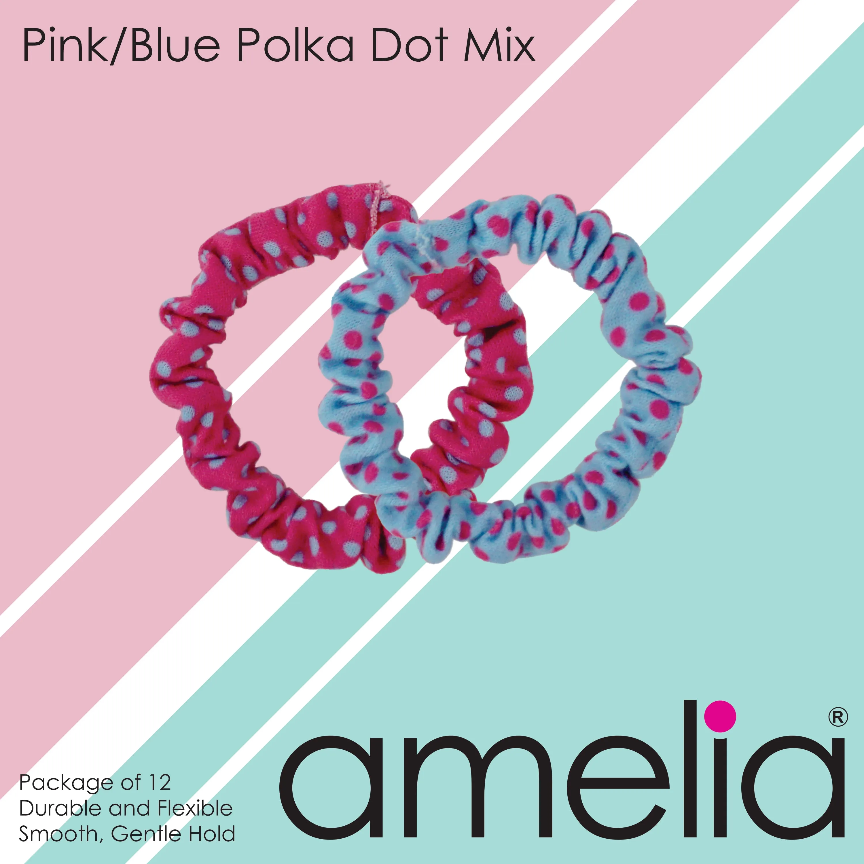 Amelia Beauty, Pink and Blue Polka Dot Mix Jersey Scrunchies, 2.25in Diameter, Gentle on Hair, Strong Hold, No Snag, No Dents or Creases. 12 Pack