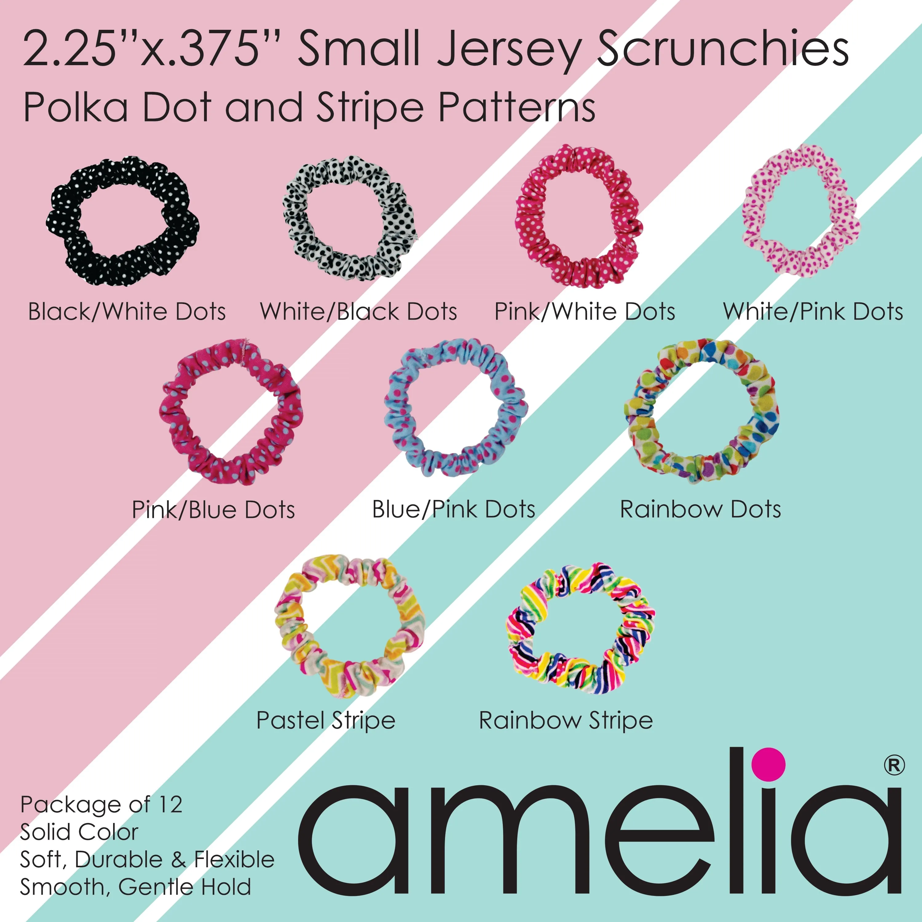 Amelia Beauty, Sky Jersey Scrunchies, 2.25in Diameter, Gentle on Hair, Strong Hold, No Snag, No Dents or Creases. 12 Pack