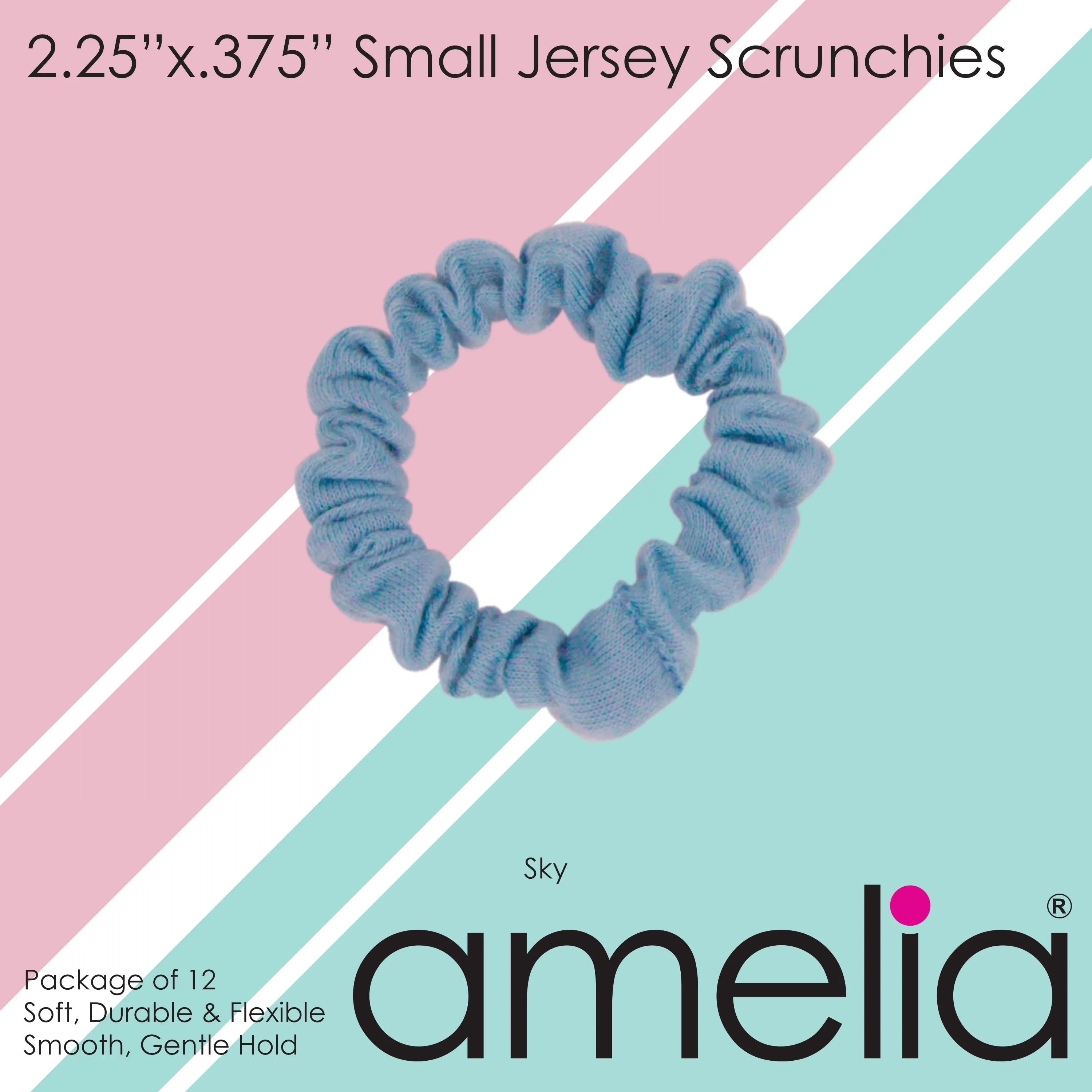Amelia Beauty, Sky Jersey Scrunchies, 2.25in Diameter, Gentle on Hair, Strong Hold, No Snag, No Dents or Creases. 12 Pack