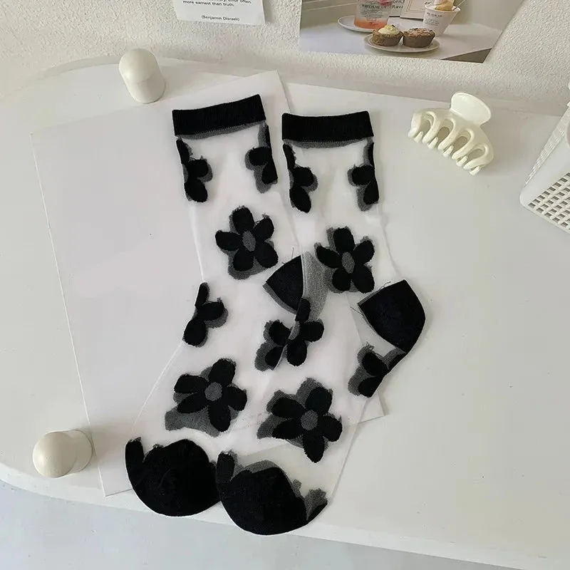Black Crystal Silk Polka Dot Lace Socks