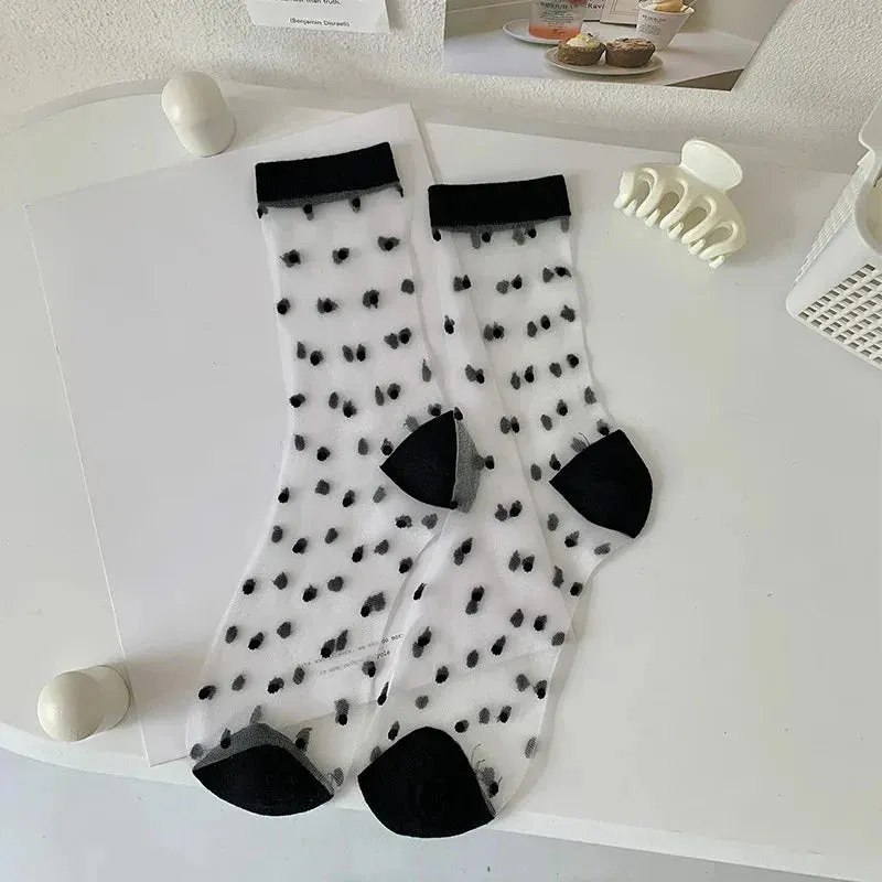 Black Crystal Silk Polka Dot Lace Socks