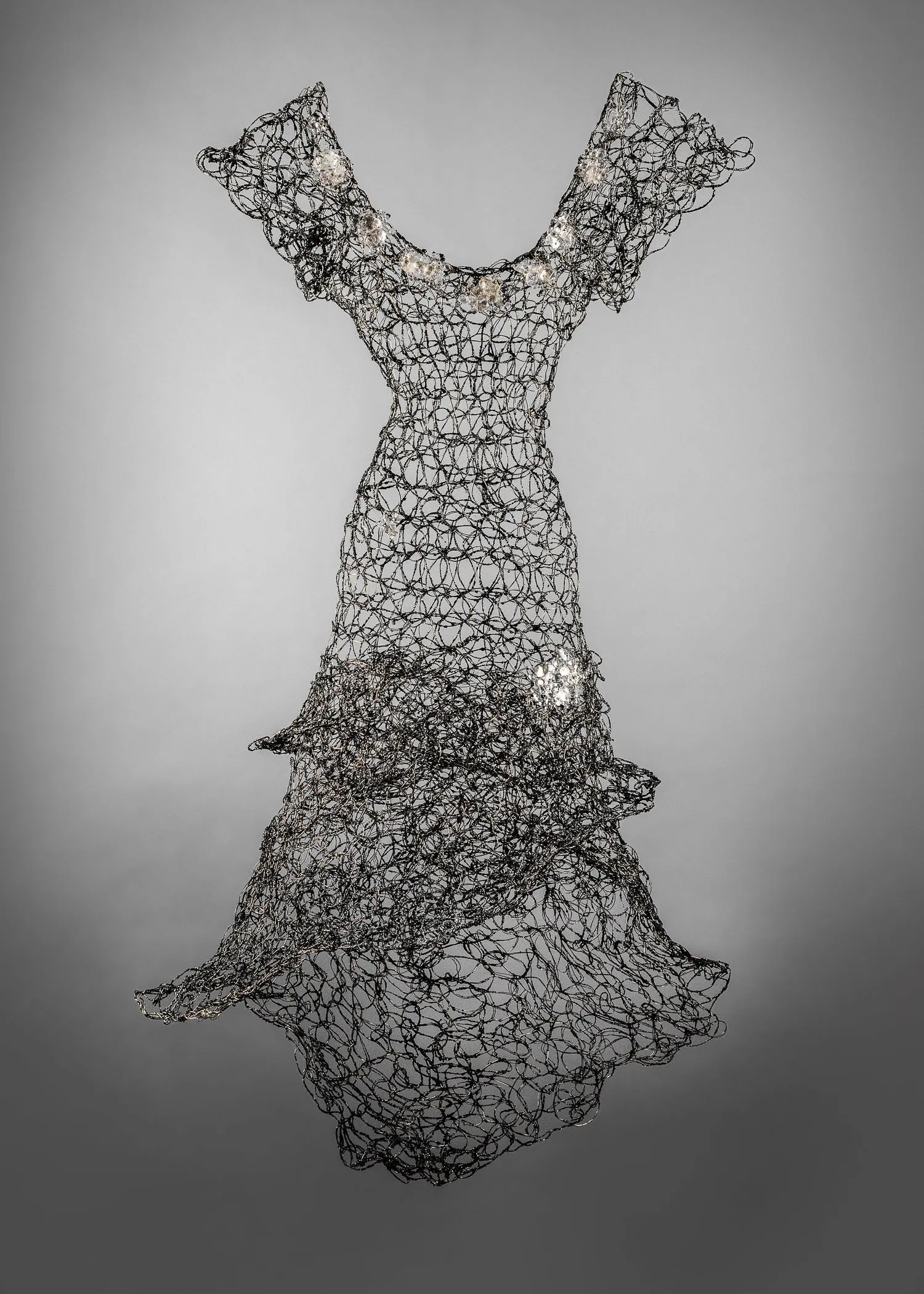Black Silver Long Dress Wire Sculpture ~ Noctis Cataracta Dress (Nighttime Waterfall Dress)