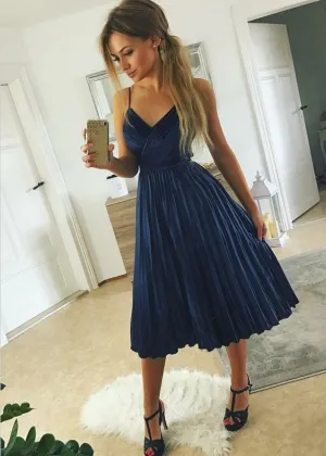 Blue Spaghetti Straps Homecoming Dresses,V-neck Pleated Stain Homecoming Dresses