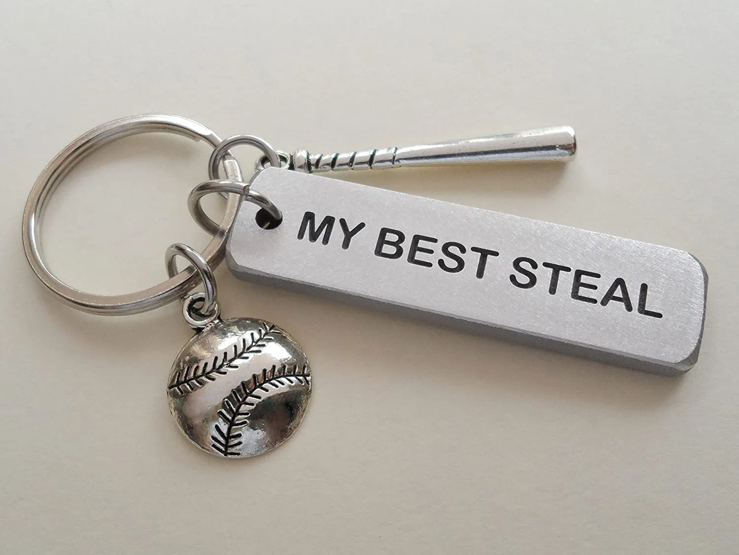 Custom Engraved "My Best Steal" Aluminum Tag Keychain with Baseball & Bat Charm; Couples Anniversary Gift