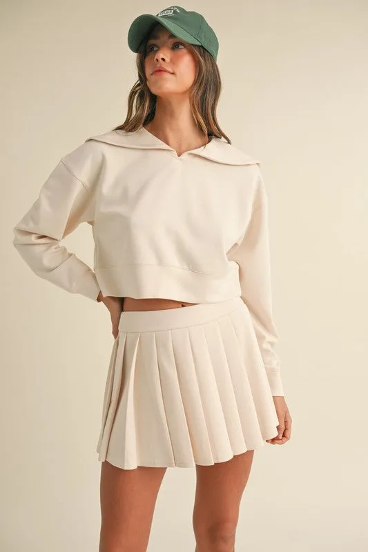 Ecru Collared Sweatshirt & Mini Skirt Set