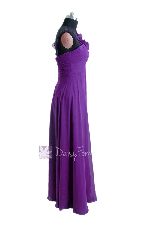 Empire Purple Bridesmaid Dress Long Chiffon Formal Dress W/Floral Strap(BM2454L)