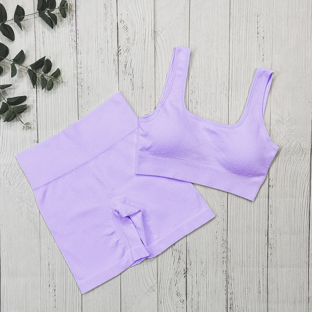 Fashion Ribbed Sports Shorts Set - Fitness Suit Sportswear Women's Yoga Set with Seamless High Waist Shorts, Summer White Gym Clothing