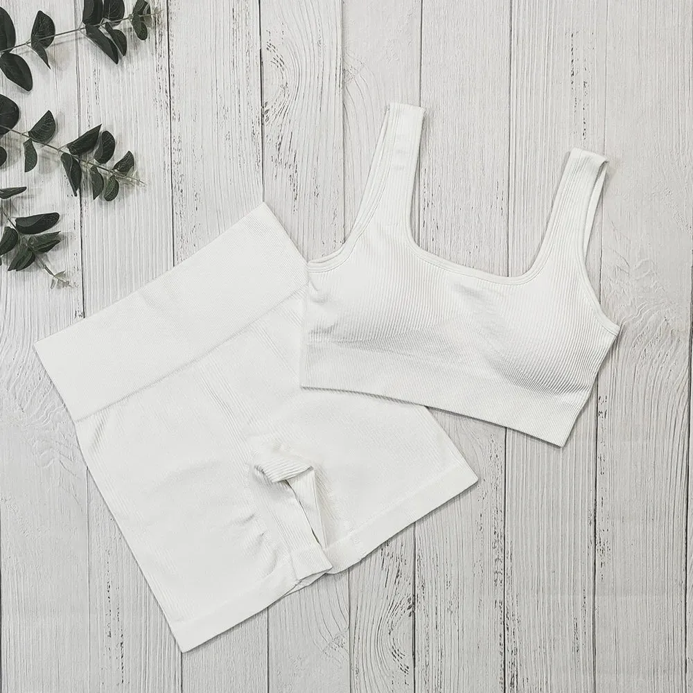 Fashion Ribbed Sports Shorts Set - Fitness Suit Sportswear Women's Yoga Set with Seamless High Waist Shorts, Summer White Gym Clothing