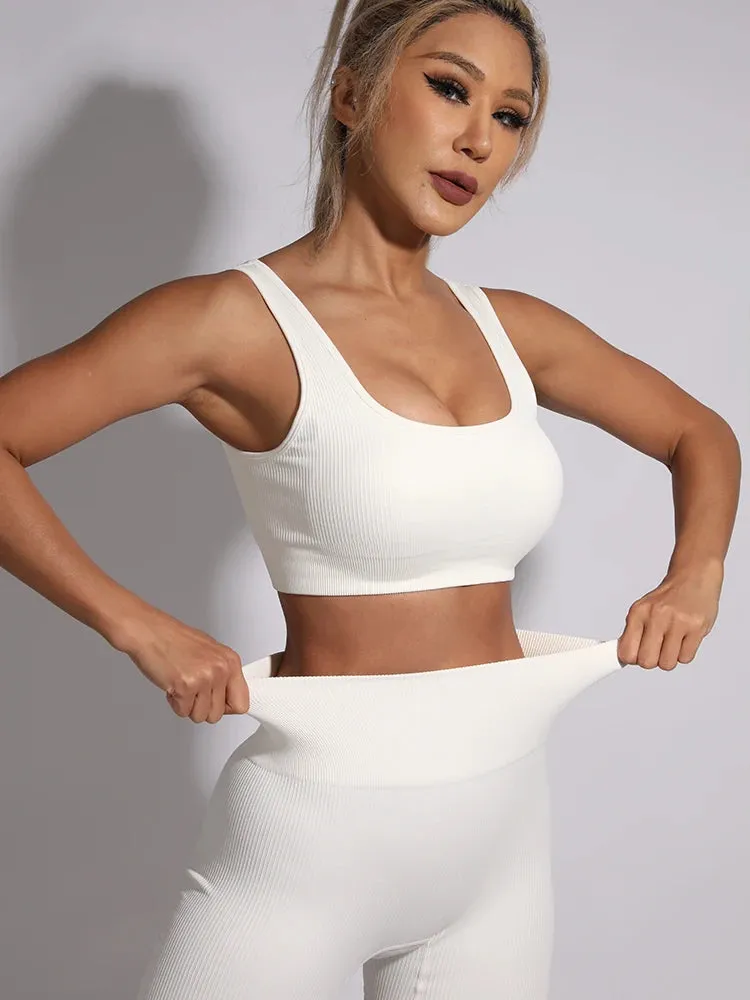 Fashion Ribbed Sports Shorts Set - Fitness Suit Sportswear Women's Yoga Set with Seamless High Waist Shorts, Summer White Gym Clothing