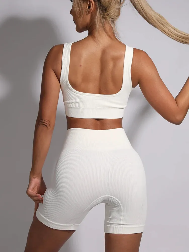 Fashion Ribbed Sports Shorts Set - Fitness Suit Sportswear Women's Yoga Set with Seamless High Waist Shorts, Summer White Gym Clothing