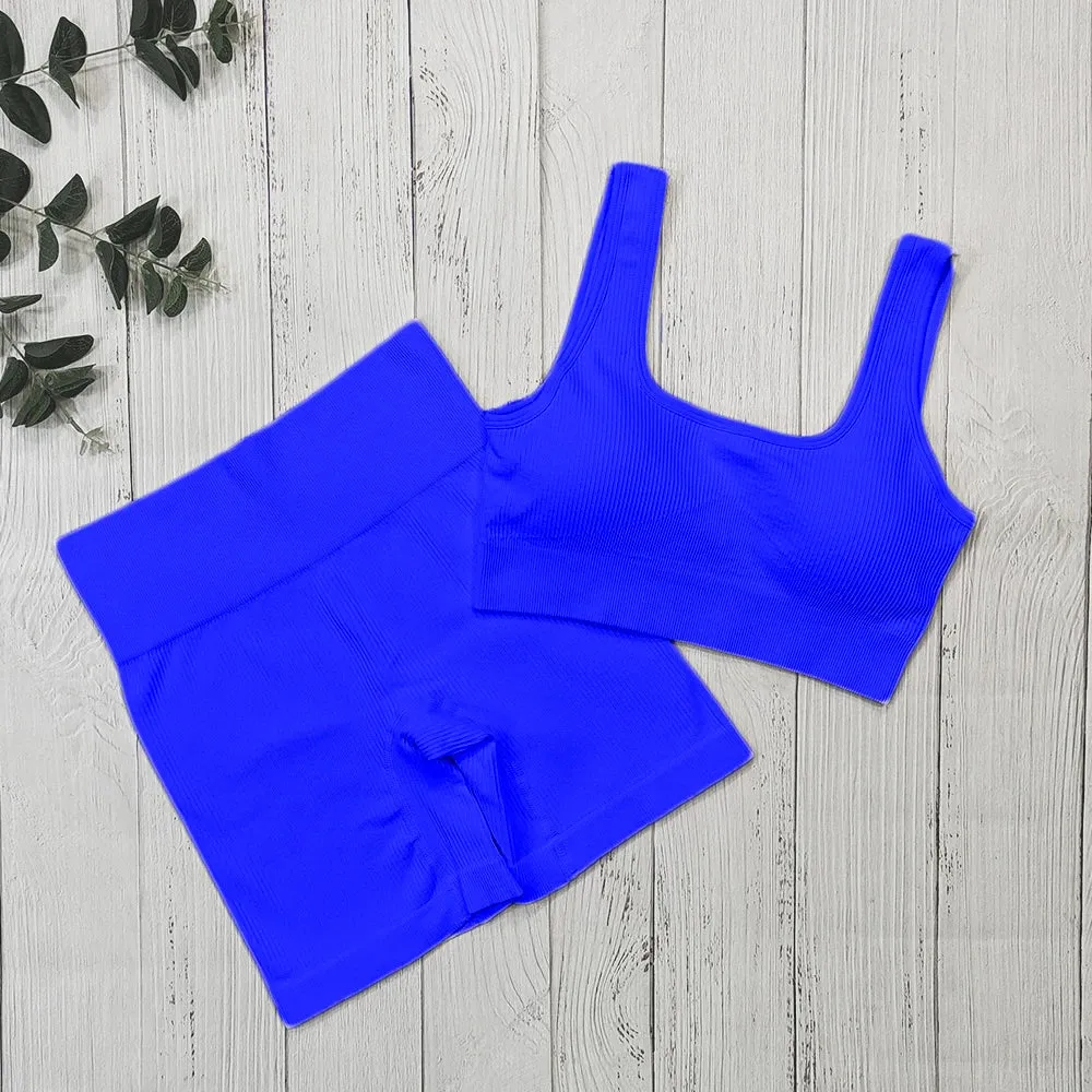 Fashion Ribbed Sports Shorts Set - Fitness Suit Sportswear Women's Yoga Set with Seamless High Waist Shorts, Summer White Gym Clothing