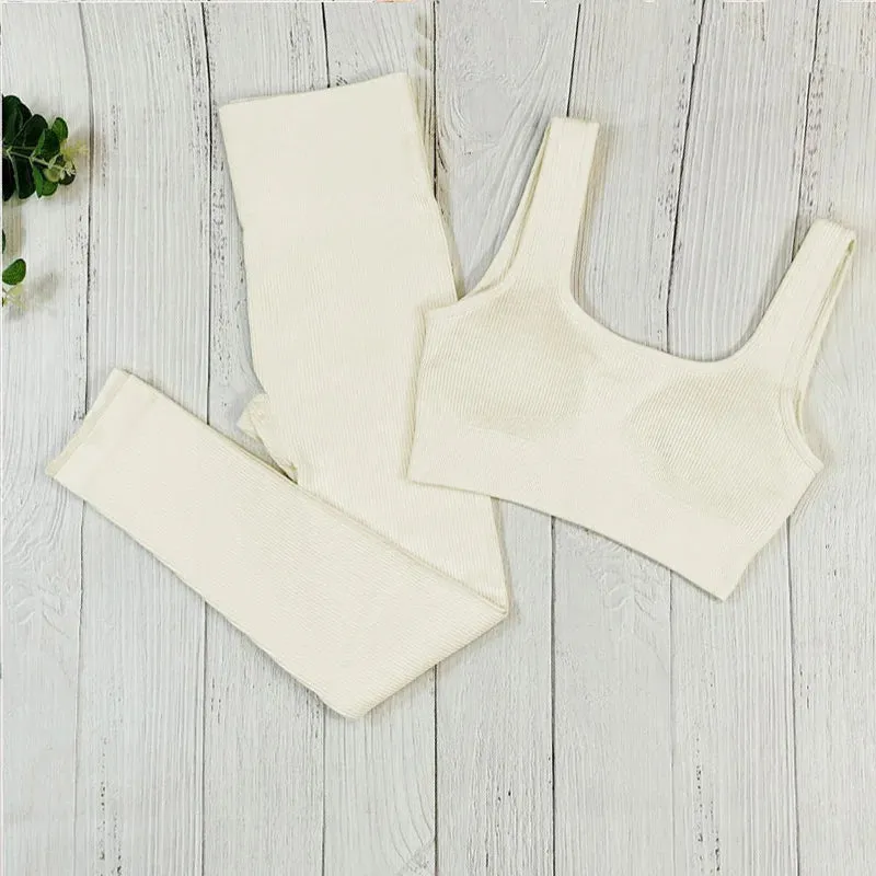 Fashion Ribbed Sports Shorts Set - Fitness Suit Sportswear Women's Yoga Set with Seamless High Waist Shorts, Summer White Gym Clothing