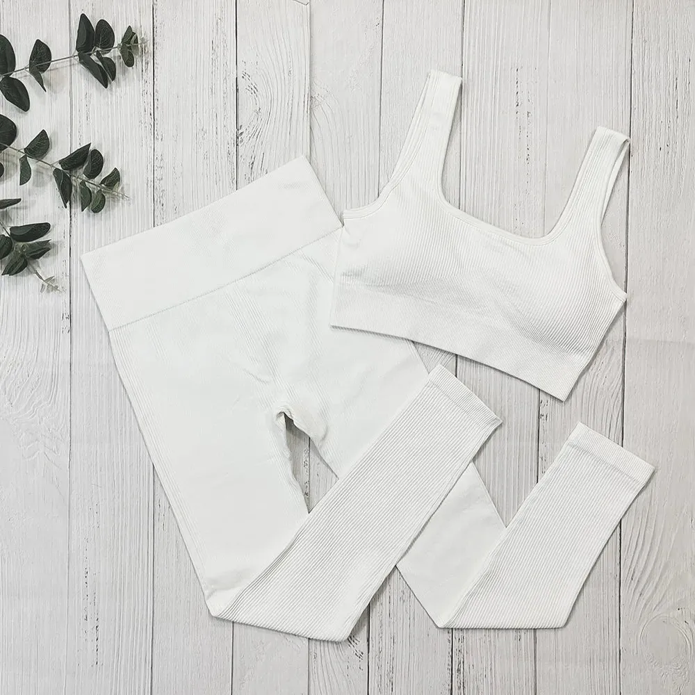 Fashion Ribbed Sports Shorts Set - Fitness Suit Sportswear Women's Yoga Set with Seamless High Waist Shorts, Summer White Gym Clothing