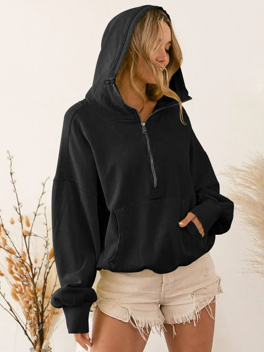 Fern Pocketed Hoodie Lightweight Jacket - Black