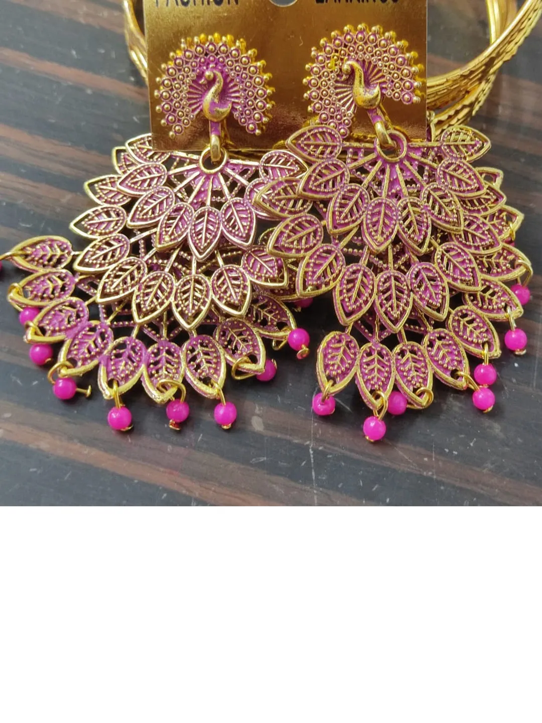 Golden Pink Pearls Drop Peacock Dangler Earrings