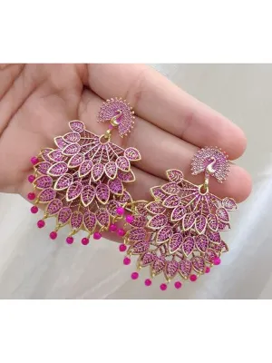 Golden Pink Pearls Drop Peacock Dangler Earrings