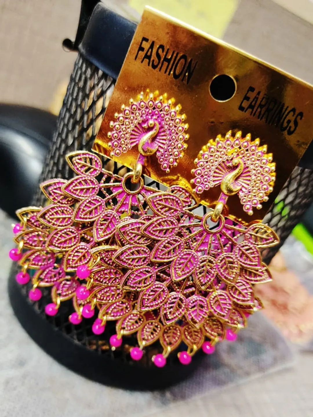 Golden Pink Pearls Drop Peacock Dangler Earrings
