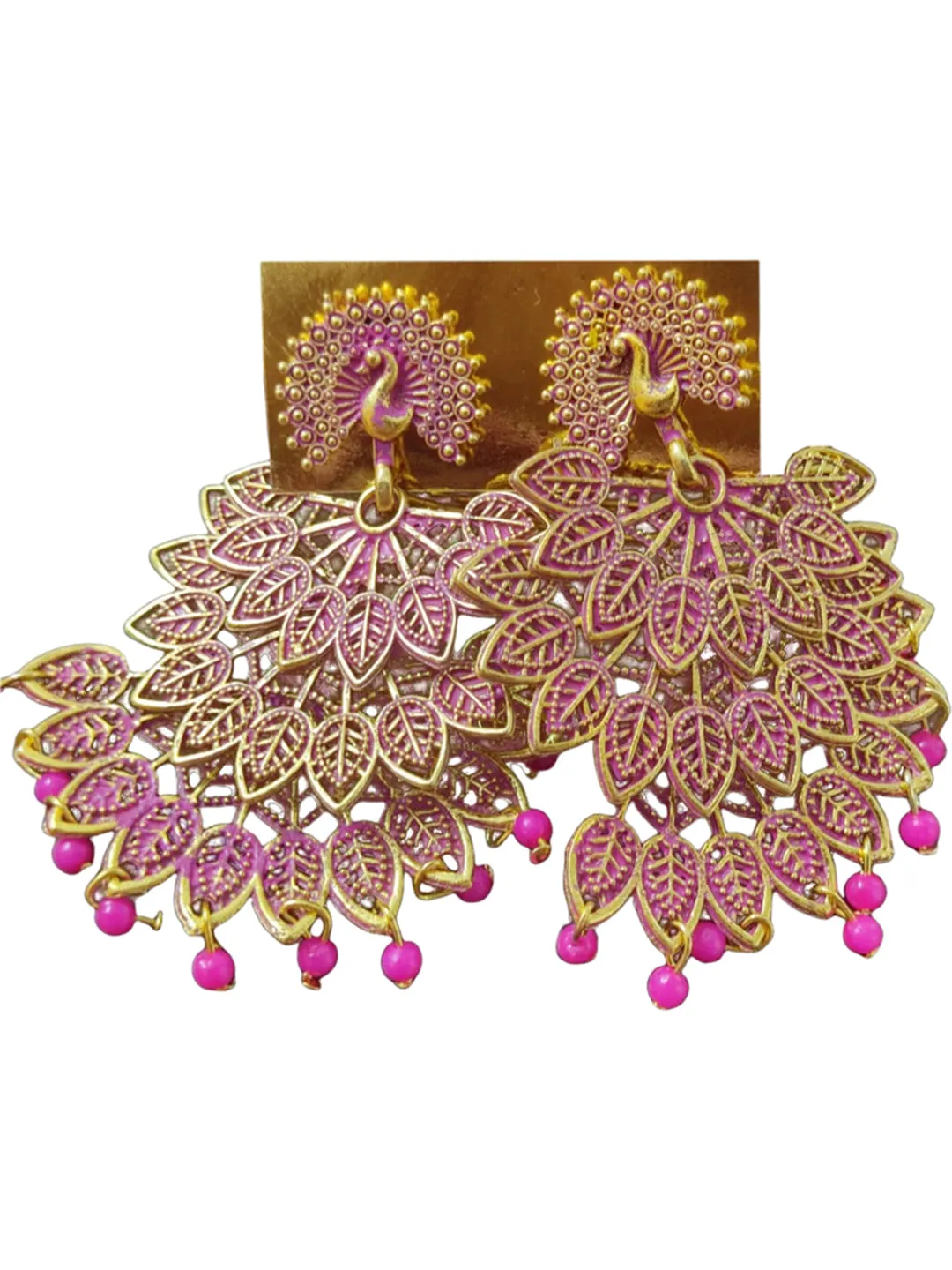 Golden Pink Pearls Drop Peacock Dangler Earrings