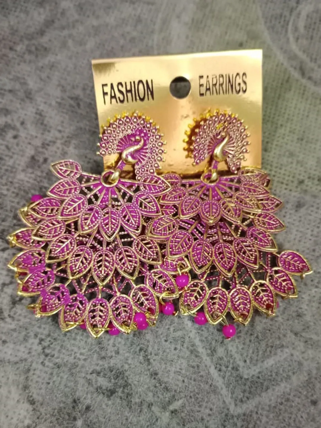 Golden Pink Pearls Drop Peacock Dangler Earrings