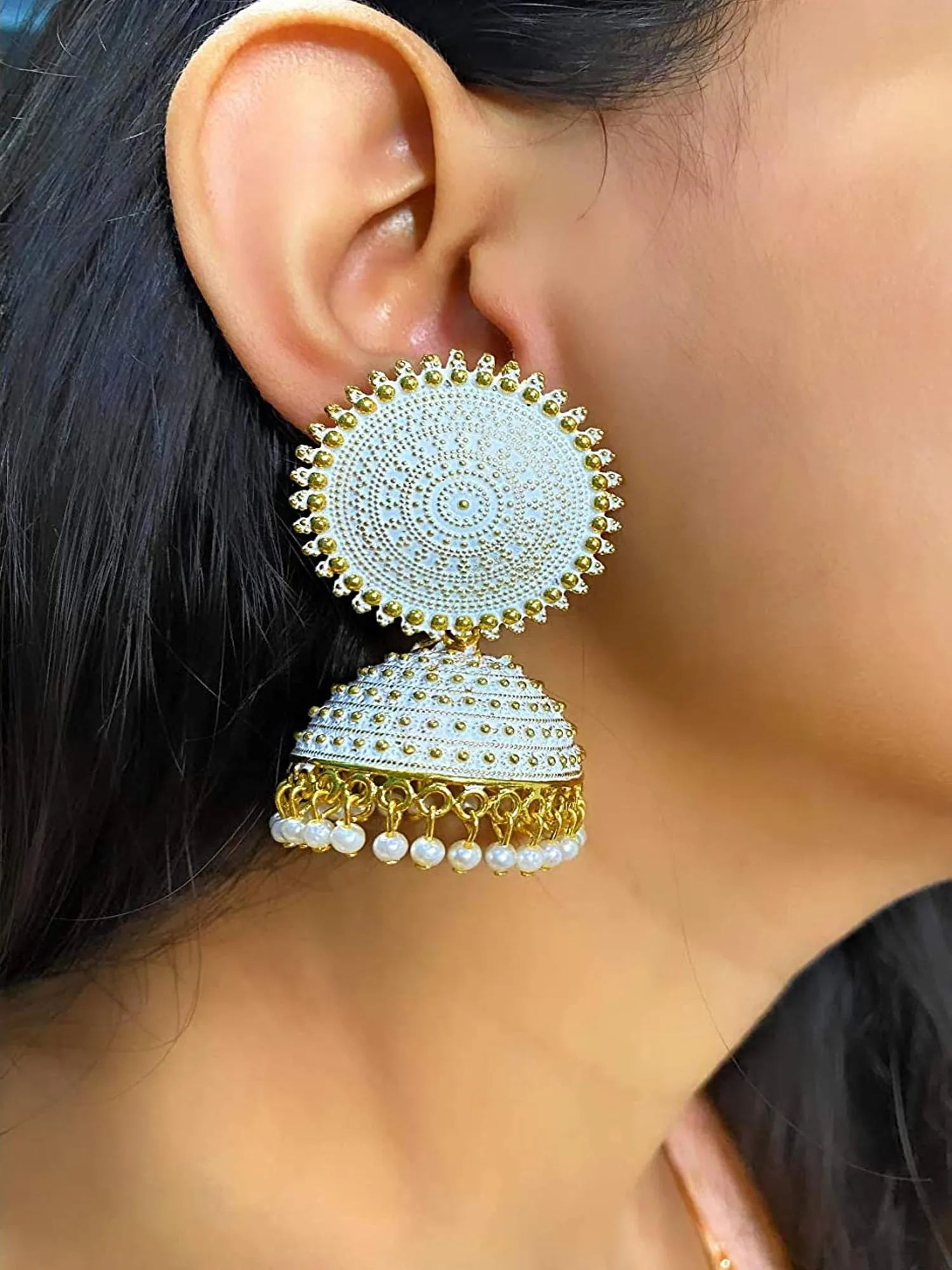 Golden White Pearls Drop Dome Shape Jhumka