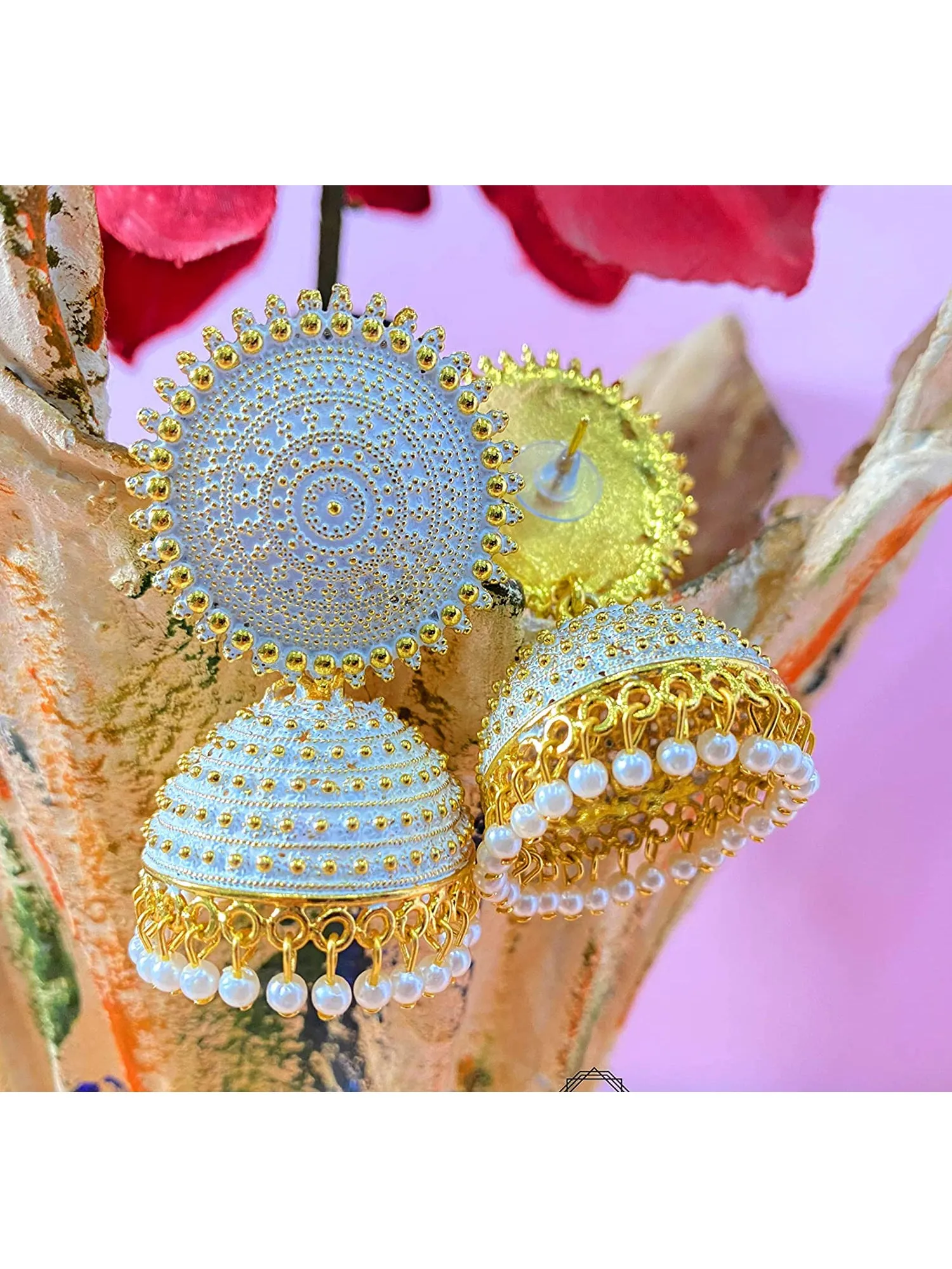 Golden White Pearls Drop Dome Shape Jhumka