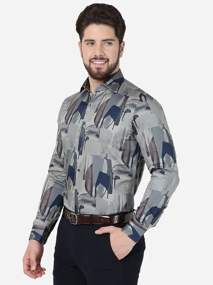 Grey Printed Slim Fit Party Wear Shirt | Wyre