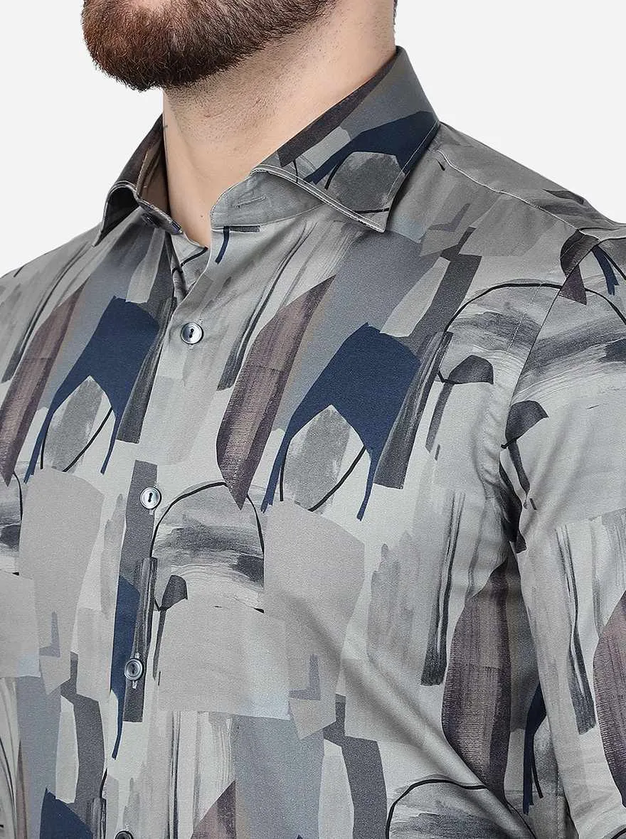Grey Printed Slim Fit Party Wear Shirt | Wyre