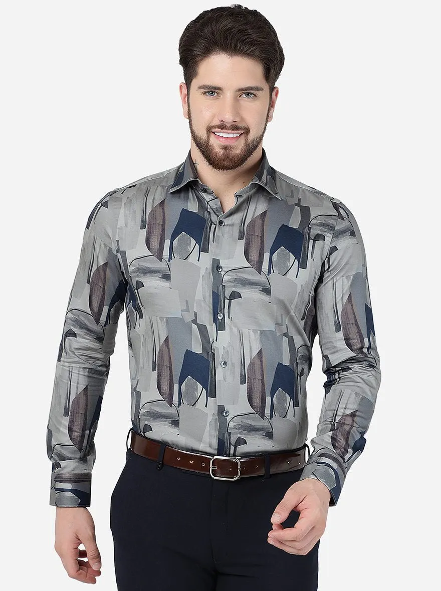 Grey Printed Slim Fit Party Wear Shirt | Wyre
