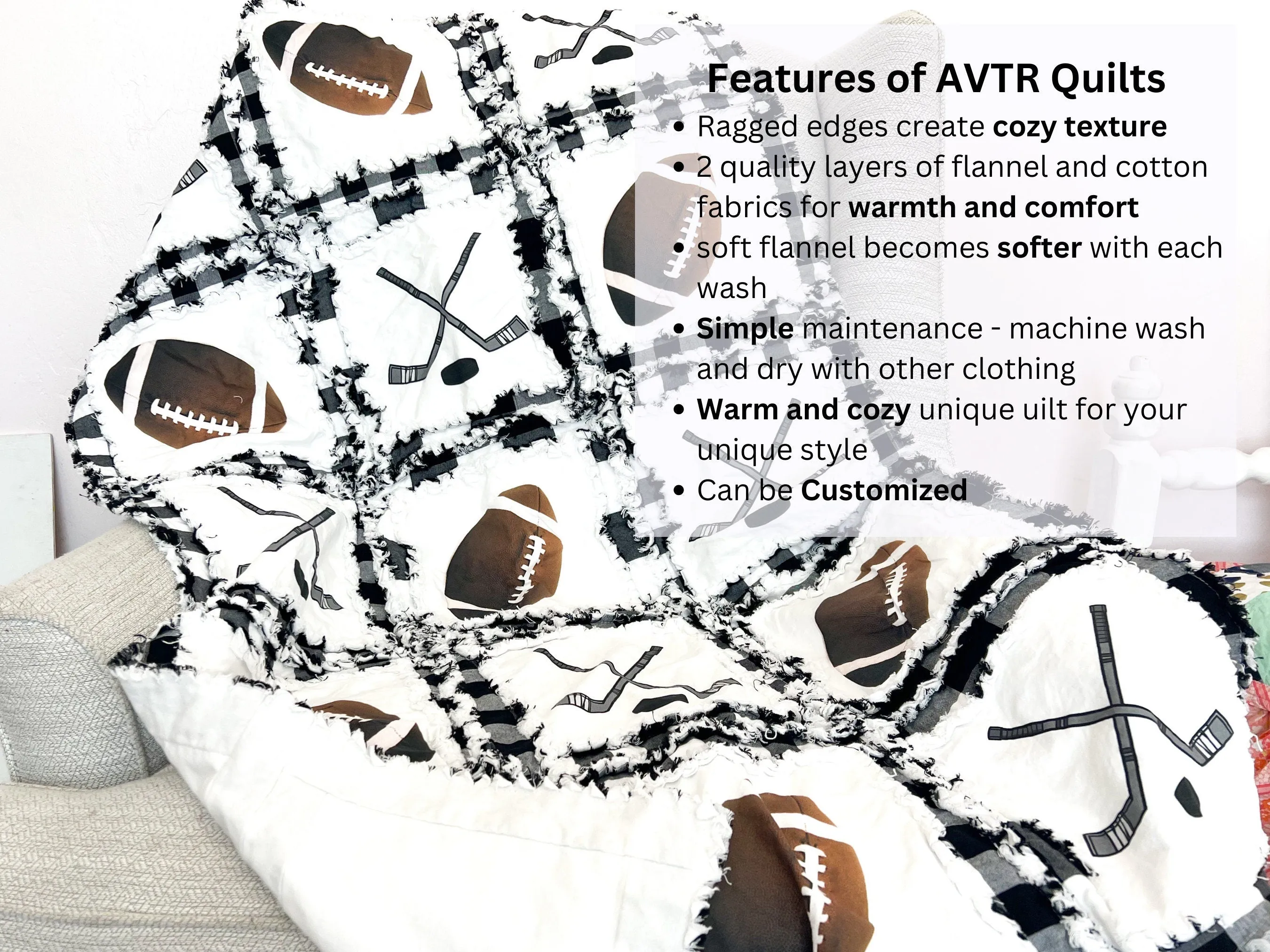 Hockey and Football Baby Boy Rag Quilt, Sports Theme Rag Quilt, Toddler Bedding and Twin Size Quilt for Boys