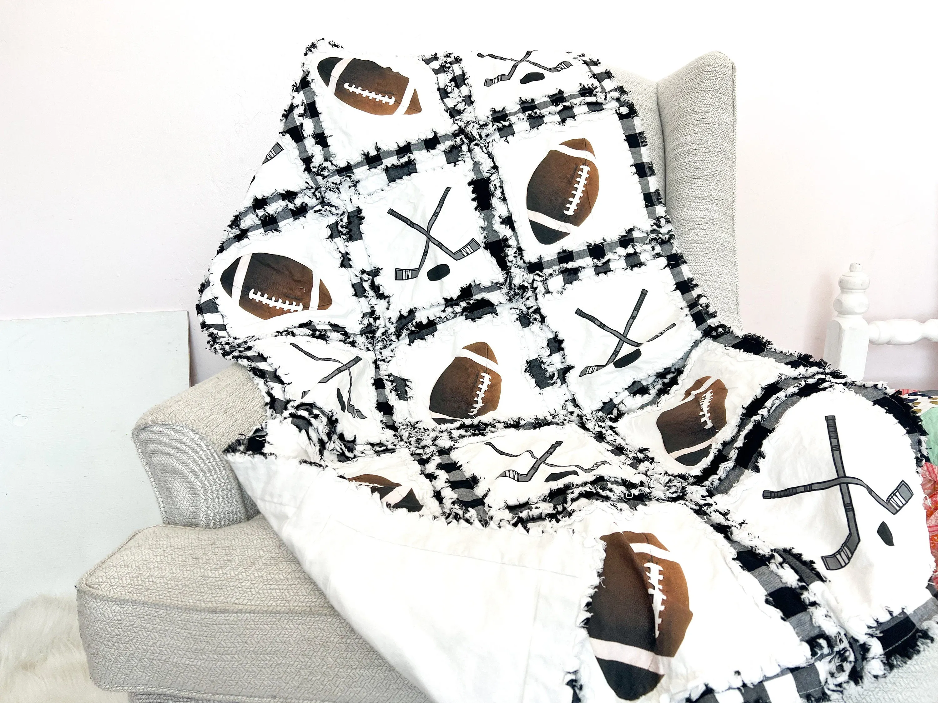 Hockey and Football Baby Boy Rag Quilt, Sports Theme Rag Quilt, Toddler Bedding and Twin Size Quilt for Boys