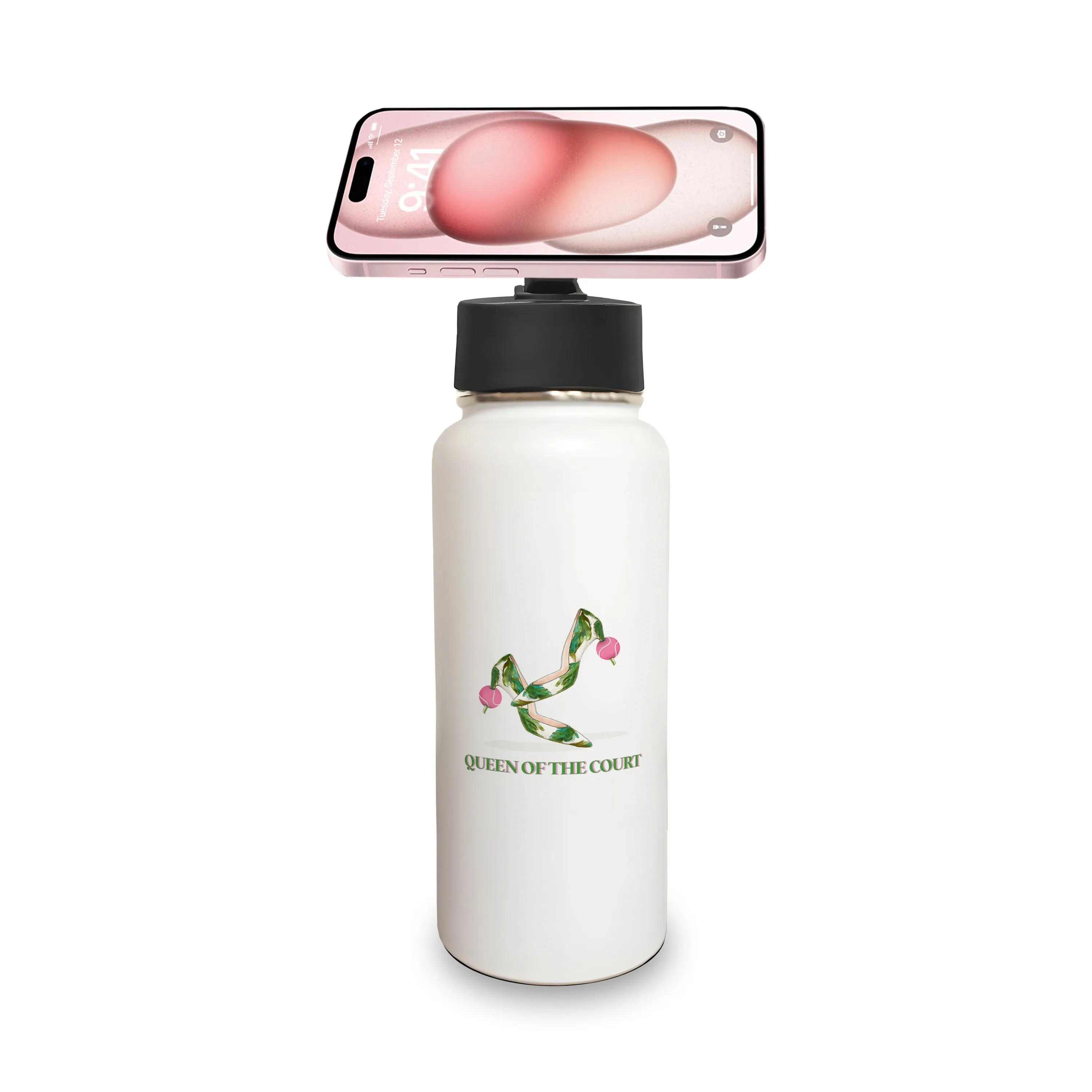 Insulated Water Bottle w/ Magnetic Phone Holder - Queen of the Court Tennis