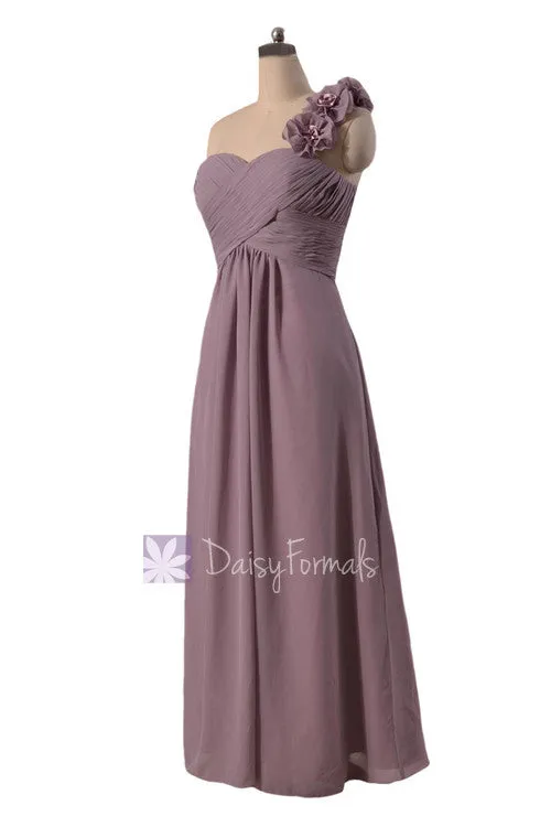 Long One Shoulder Chiffon Bridesmaid Dress Rose Quartz Formal Dress(BM346)