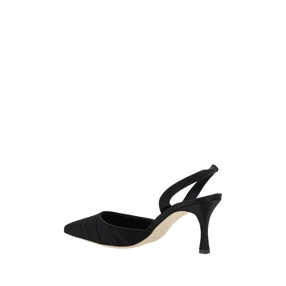 Manolo Blahnik Carolyne Women Black Sandals Silk Solid Stretch Slingback Shoes
