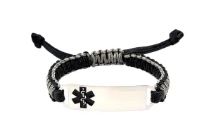 Micro Paracord Bracelet with Engraved Stainless Steel Medical ID Tag - Black