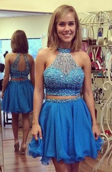 Nectarean Two Pieces Halter Sleeveless Homecoming Dress With Beaded TR0058