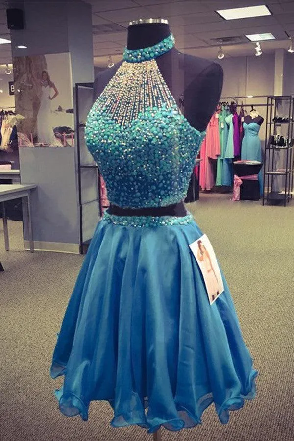 Nectarean Two Pieces Halter Sleeveless Homecoming Dress With Beaded TR0058