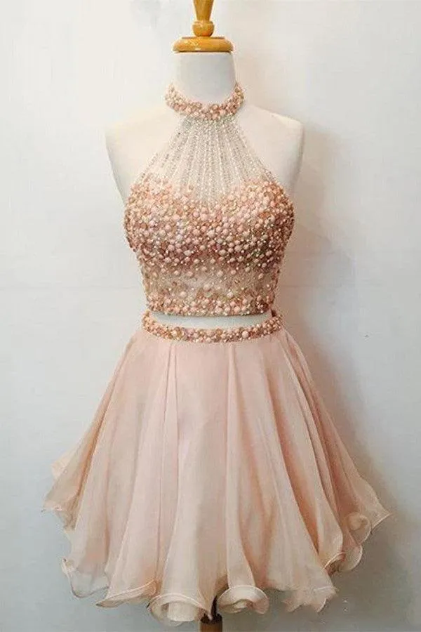 Nectarean Two Pieces Halter Sleeveless Homecoming Dress With Beaded TR0058