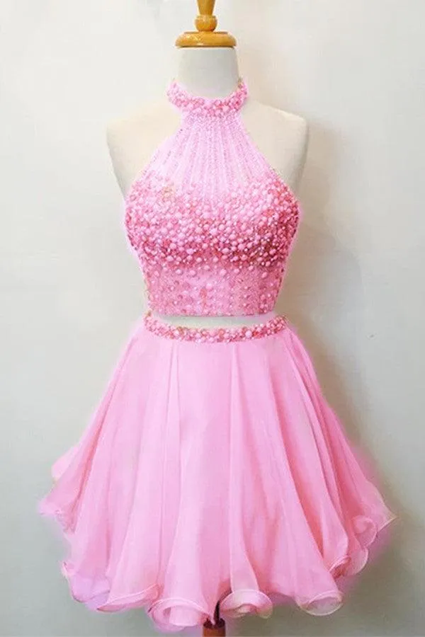 Nectarean Two Pieces Halter Sleeveless Homecoming Dress With Beaded TR0058