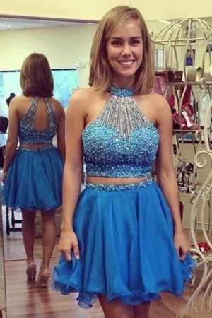 Nectarean Two Pieces Halter Sleeveless Homecoming Dress With Beaded TR0058
