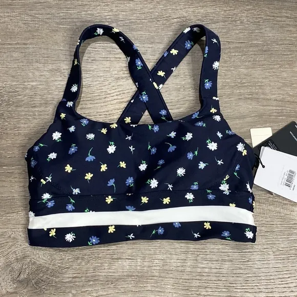 NWT ANTHROPOLOGIE THE UPSIDE FLORAL DAISY PAOLA SPORTS BRA NAVY BLUE WHITE SZ 4
