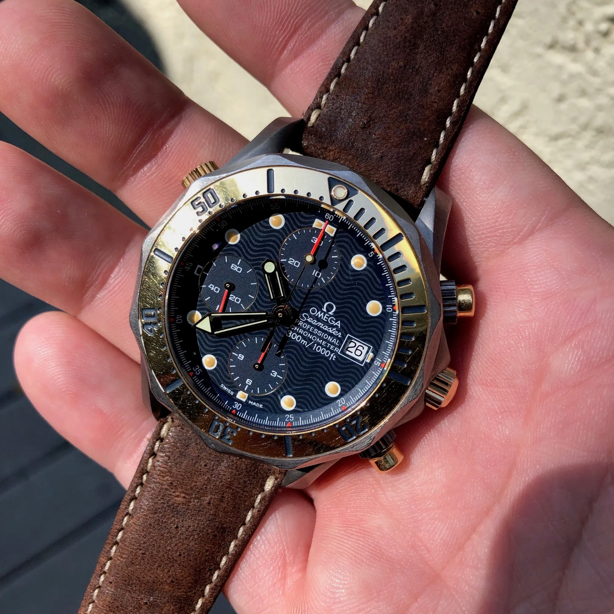 Omega Seamaster Professional 300M 2296.80 Titanium Chronograph Gold Bezel Automatic Wristwatch
