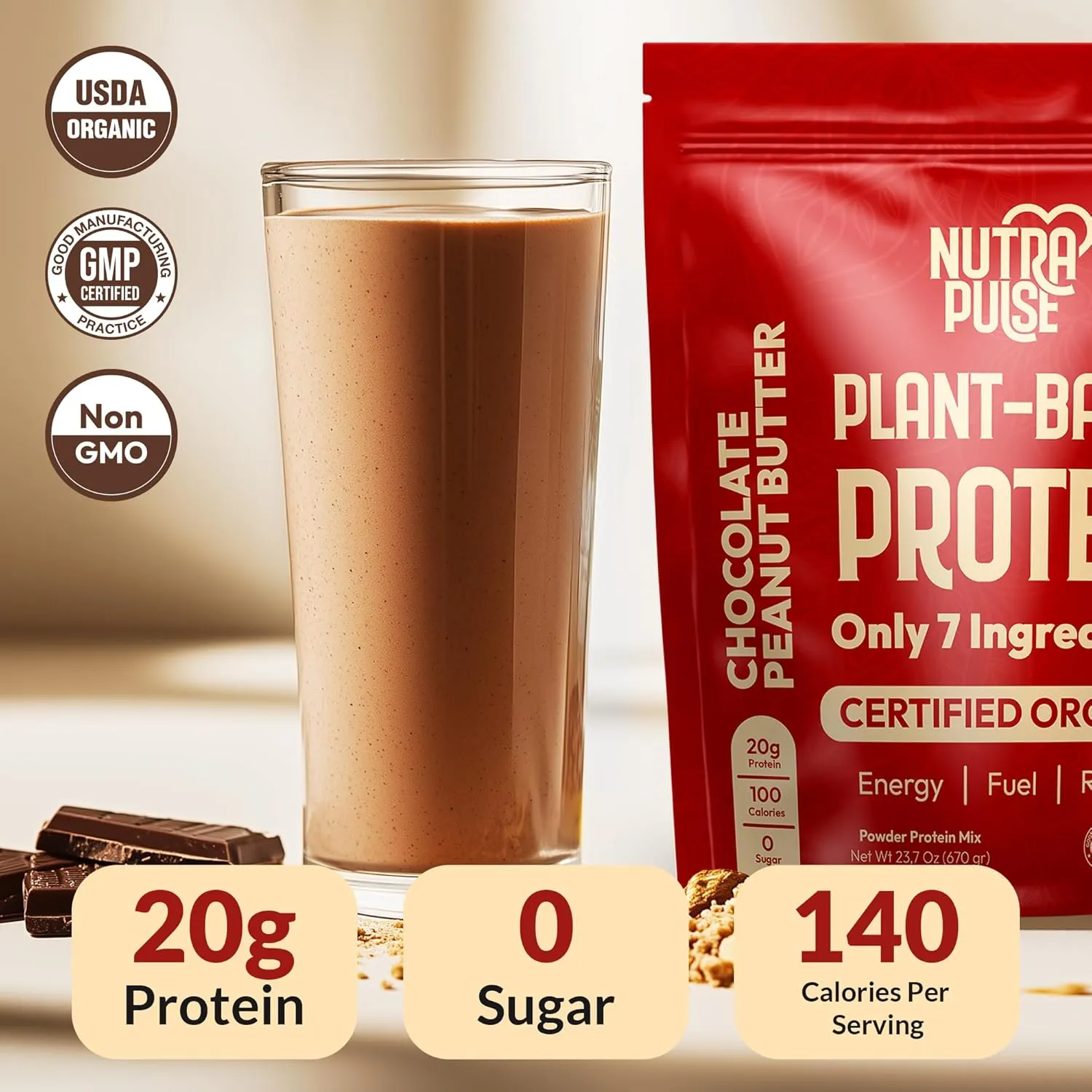 Organic Vegan Protein Powder - Plant-Based Protein, Gluten-Free, 20g Protein Per Serving
