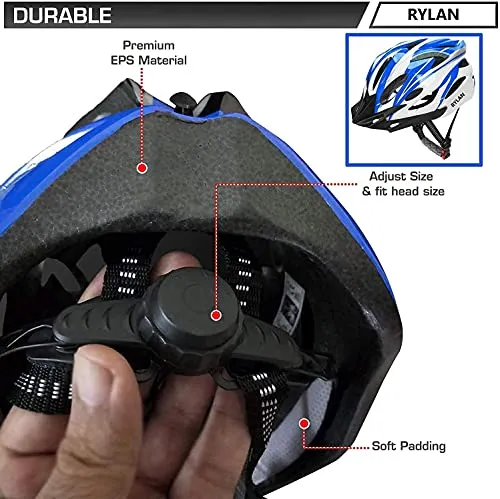RYLAN Bicycle Helmet with Detachable Visor Back Light & Insect Net Padded Adjustable Size Cycling Helmet Lightweight Mountain Bike Cycle Helmets for Mens (Blue)