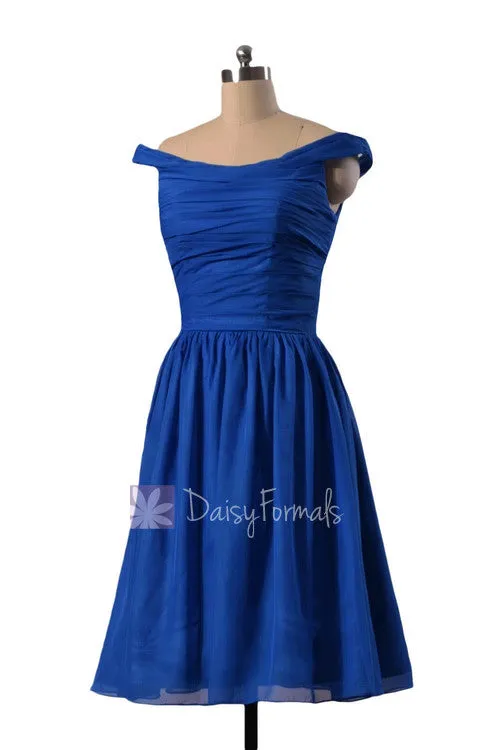 Sapphire Chiffon Bridesmaid Dress Knee Length Off Shoulder Formal Dress(BM4080)