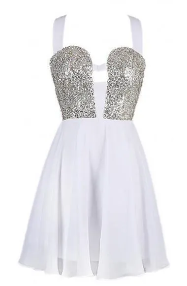 Sexy A-line Straps Chiffon White Homecoming Dress With Sequins  TR0155
